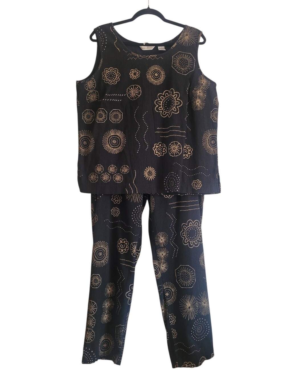 Vintage Drapers & Damons Set 1X Black Tan Sleeveless Top Pull-on Pants Lagenlook